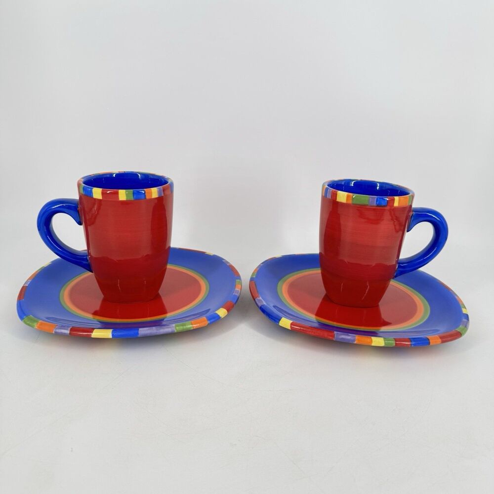Set of 4 Dansk Caribe Antigua Stripe Plates & Mugs 2 Salad Plates 2 Coffee Cups